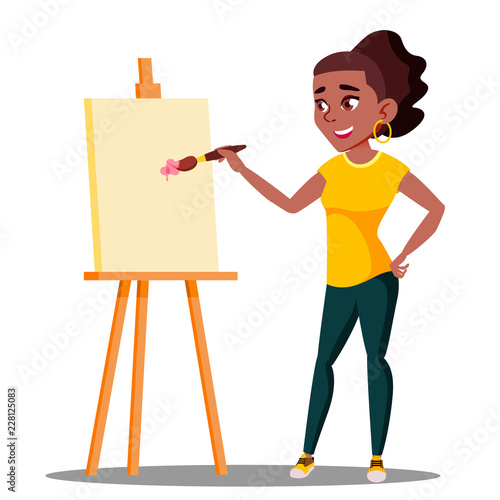 Student Art College Drawing On The Easel Vector. Isolated Illustration