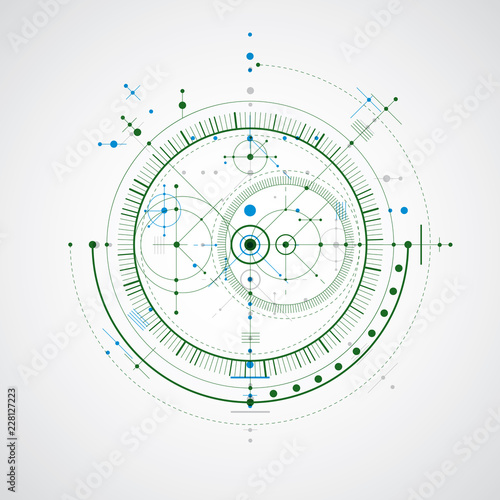 Technical blueprint  colorful vector digital background with geometric design elements  circles. Illustration of engineering system  abstract technological backdrop.