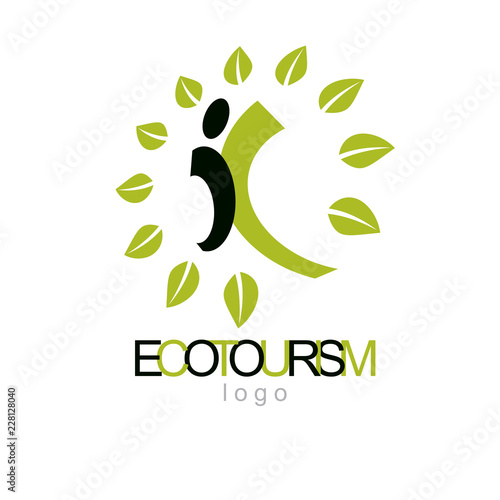 Vector illustration of joyful abstract individual with raised hands up. Ecotourism conceptual logo. Green tourism symbol. Wanderlust and countryside vacation icon.