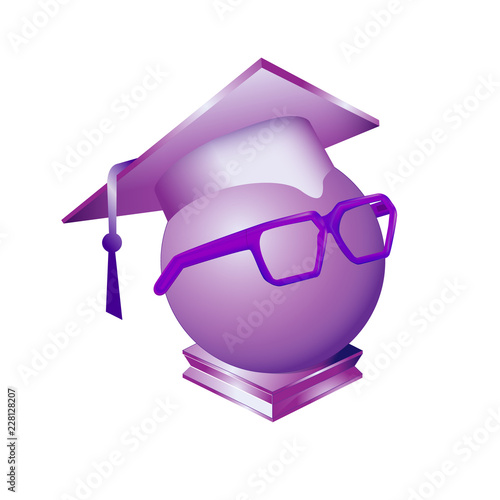 Square academic cap dressed on sphere purple humanized magical crystal in glasses. Solid scientific figure, simple minimalistic round ball, geometric shape orb on the pedestal. Isolated vector