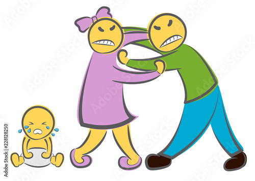 Quarreling Parents and crying baby. Hand drawn cartoon doodle vector illustration. Angry sad parents man woman characters quarrel near child. Family breakup problem. Divorce of husband and wife.