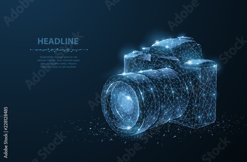 Camera. Abstract 3d polygonal wireframe modern professional camera isolated on blue.