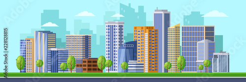 Big modern city illustration. Vector cityscape background. Urban buildings, skyscrapers of business downtown district