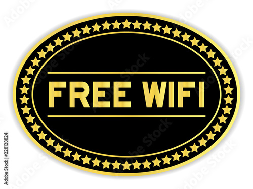 Gold and black color oval sticker with word free wifi on white background