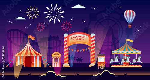 Night amusement park vector illustration. Carousels, circus, fair in park. Carnival, festival and entertainment themes