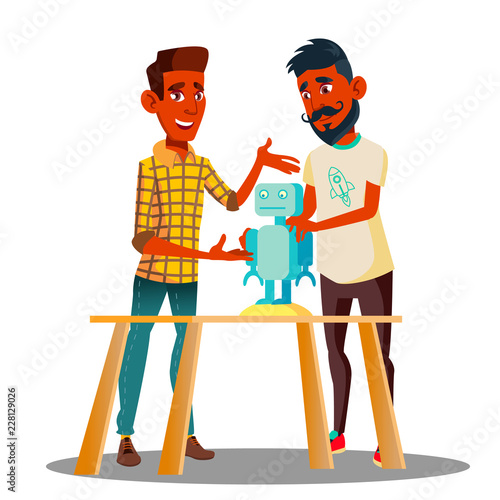 Two Smart Students Constructing A Robot In Classroom Vector. Isolated Illustration © PikePicture