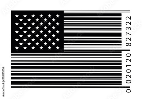 Concept du monde de la consommation et du commerce avec un code barre en forme de drapeau américain 