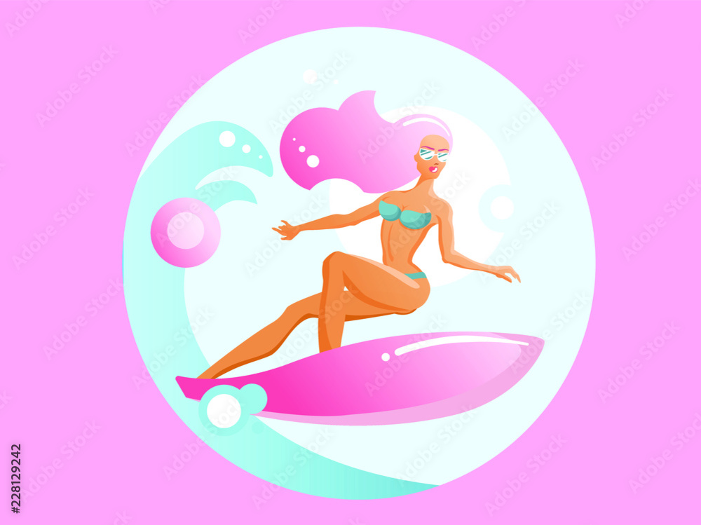 Surfer girl with a pink hair and a pink surfboard rides on a wave. Vector illustration