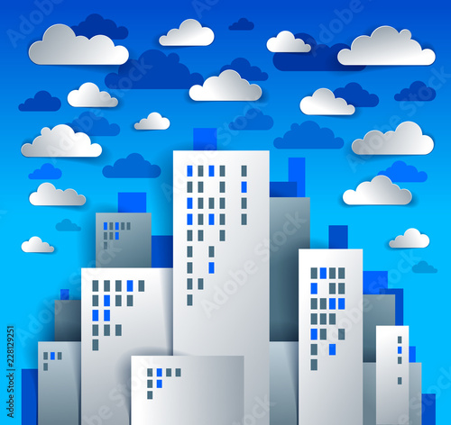 City houses buildings paper cut cartoon kids game style vector illustration  modern minimal design of cute cityscape  urban life  clouds in the sky