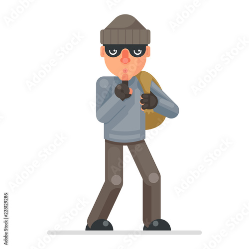 Stole bag money silence finger evil greedily thief cartoon rogue bulgar character flat design isolated vector illustration