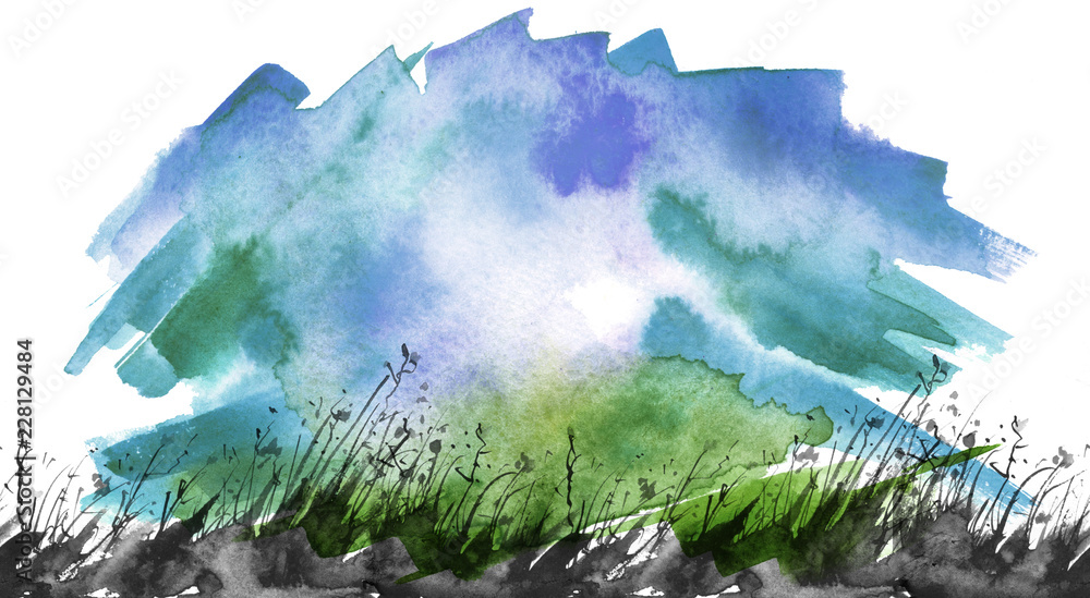 Watercolor blue background, blot, blob, splash of blue paint. Watercolor blue, purple sky, spot, abstraction. The moon behind the clouds, the lunar eclipse. Suburban landscape with wild grass, plants. Watercolor blue background, blot, blob, splash of blue paint. Watercolor blue, purple sky, spot, abstraction. The moon behind the clouds, the lunar eclipse. Suburban landscape with wild grass, plants.