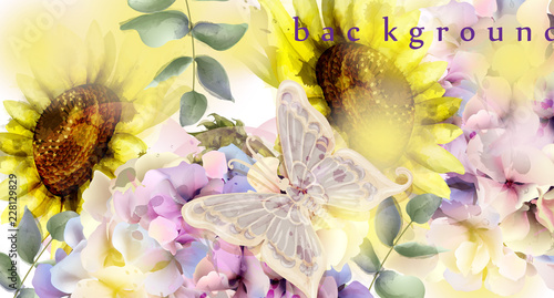 Watercolor floral background Vector. Sunflower and colorful spring decors