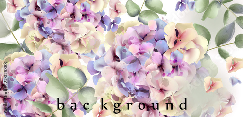 Hydrangeas Watercolor floral background Vector. Small colorful spring decors