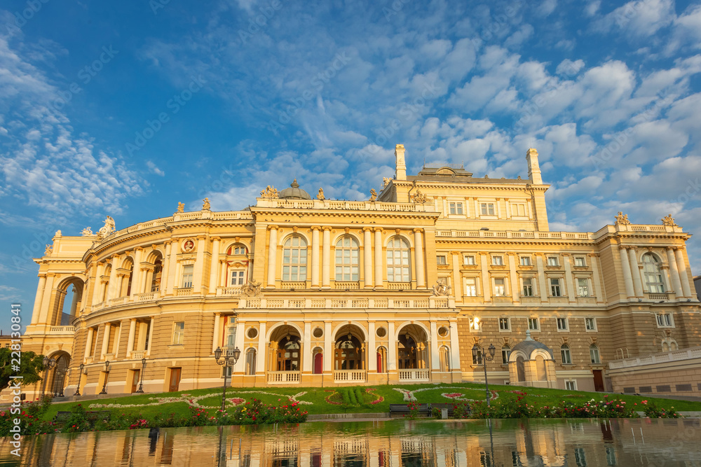The Odessa National Academic Theatre of Opera and Ballet morning outdoor view with reflections
