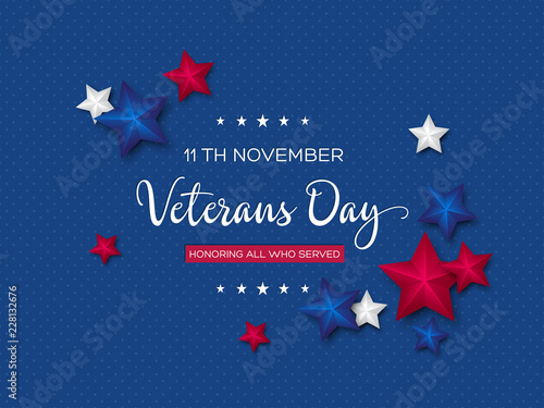 Veterans Day greeting card. 3d stars colors of american flag with greeting text on dotted background. Vector illustration.