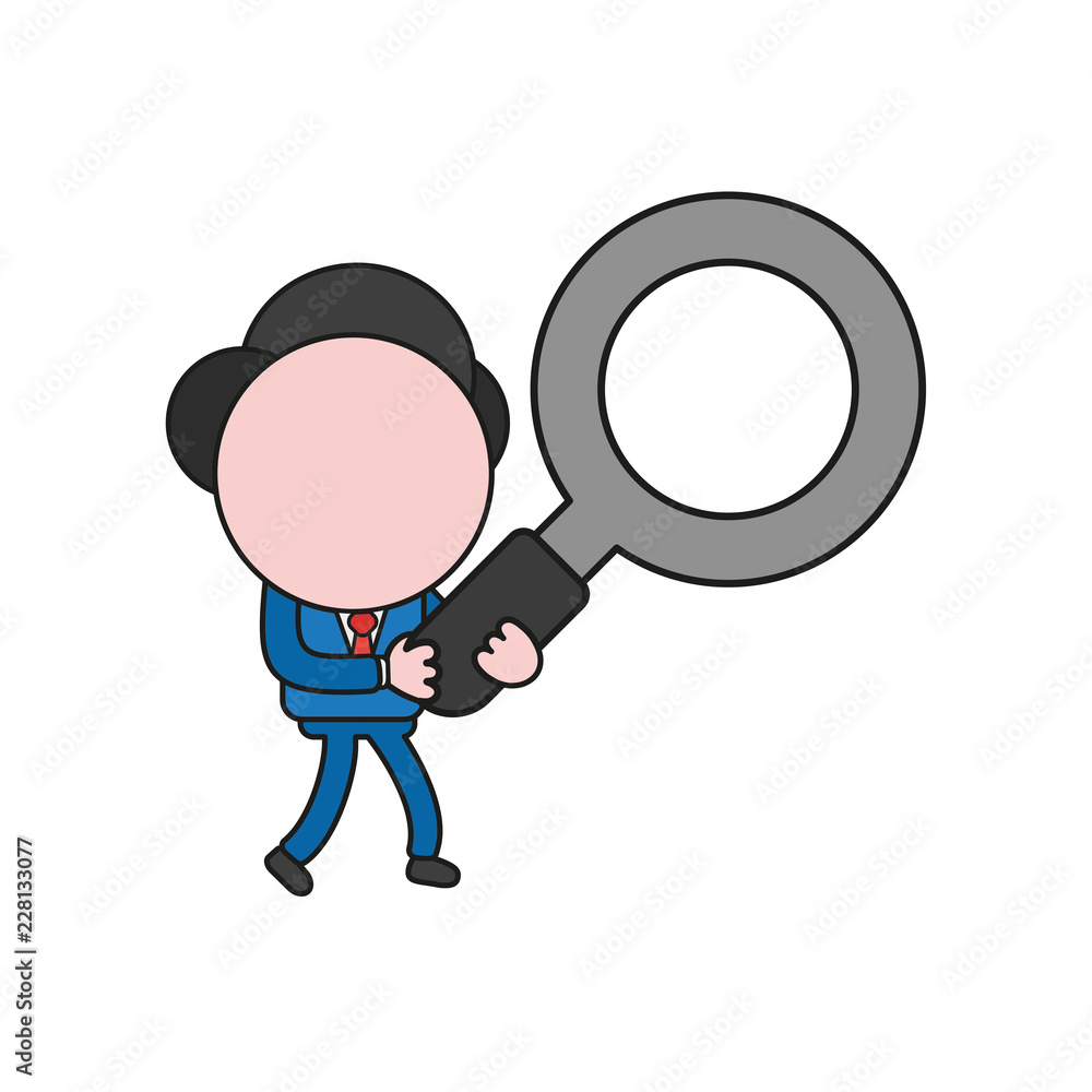 Vector illustration of businessman character walking and holding magnifying glass. Color and black outlines. Vector illustration of businessman character walking and holding magnifying glass. Color and black outlines.