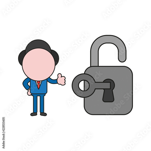 Vector illustration of businessman character unlocked padlock with key and giving thumbs-up. Color and black outlines.