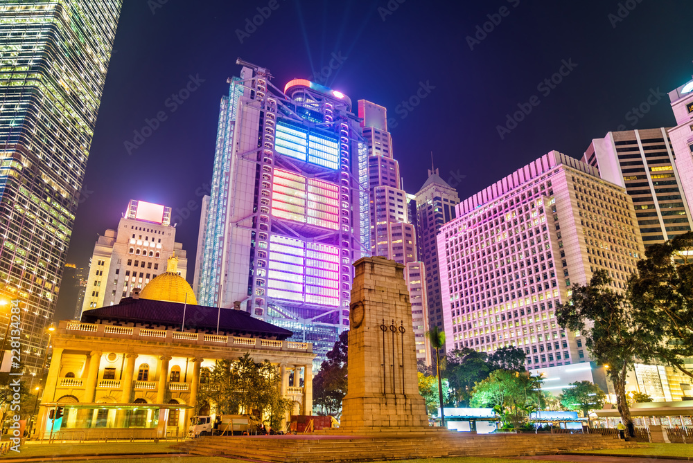 The Cenotaph and the Court of Final Appeal Building in Hong Kong at night