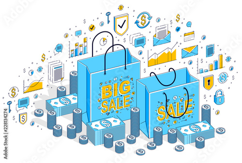 Sellout concept, Retail, Big Sale, Shopping Bag with cash money stacks and coin piles isolated on white. Isometric 3d vector finance illustration with icons, stats charts and design elements.