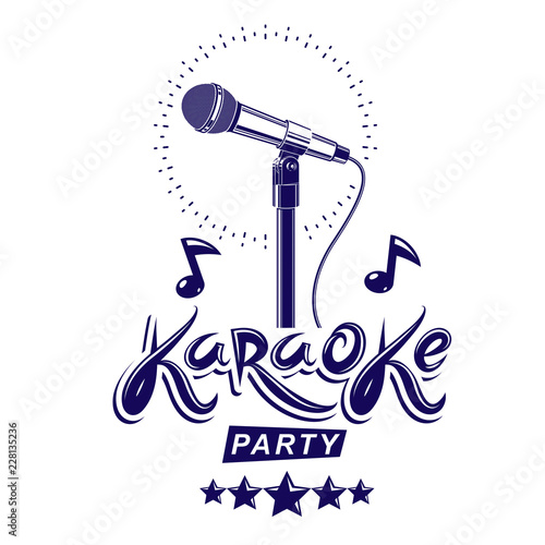 Karaoke party invitation poster, live music vector concert advertising leaflet composed using stage or recorder microphone and musical notes.