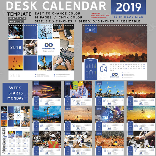 Desk calendar 2019, desktop calendar template, red calendar, Week starts on Monday, Vector Illustration, suitable for company, spiral calendar, blue calendar