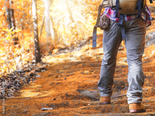 Hiking man with backpack and trekking boots on the bright green moss passage trail in forest. © AungMyo