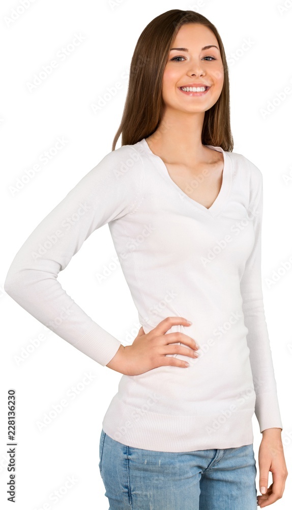 Confident Smiling Woman with Hand on Hip - Isolated Confident Smiling Woman with Hand on Hip - Isolated