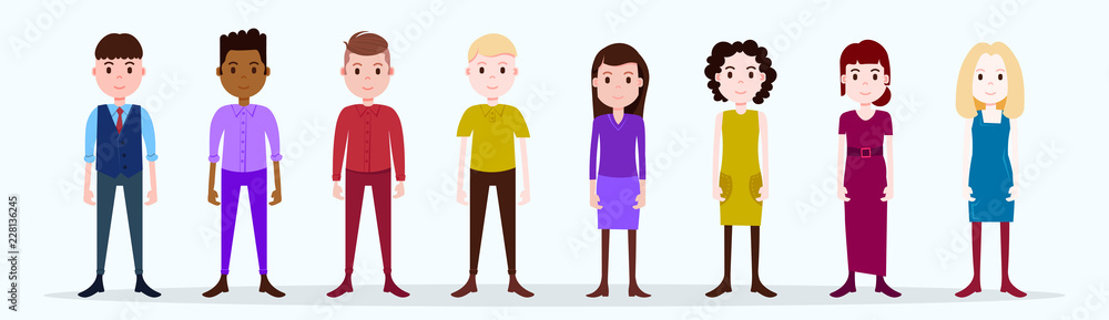 set boy girl character serious male female different suit template for design work and animation on white background full length flat person banner vector illustration