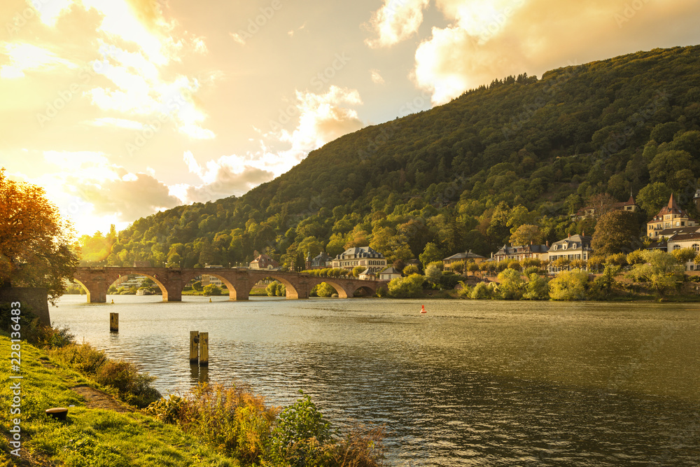 Neckar river at Heidelberg in evening light - obrazy, fototapety, plakaty 