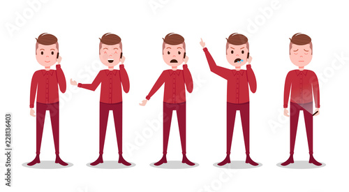 set teen boy character different poses and emotions phone call male red suit template for design work and animation on white background full length flat person, vector illustration