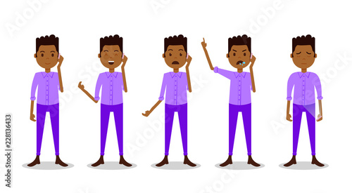 set african teen boy character different poses and emotions phone call male violet suit template for design work and animation on white background full length flat person, vector illustration