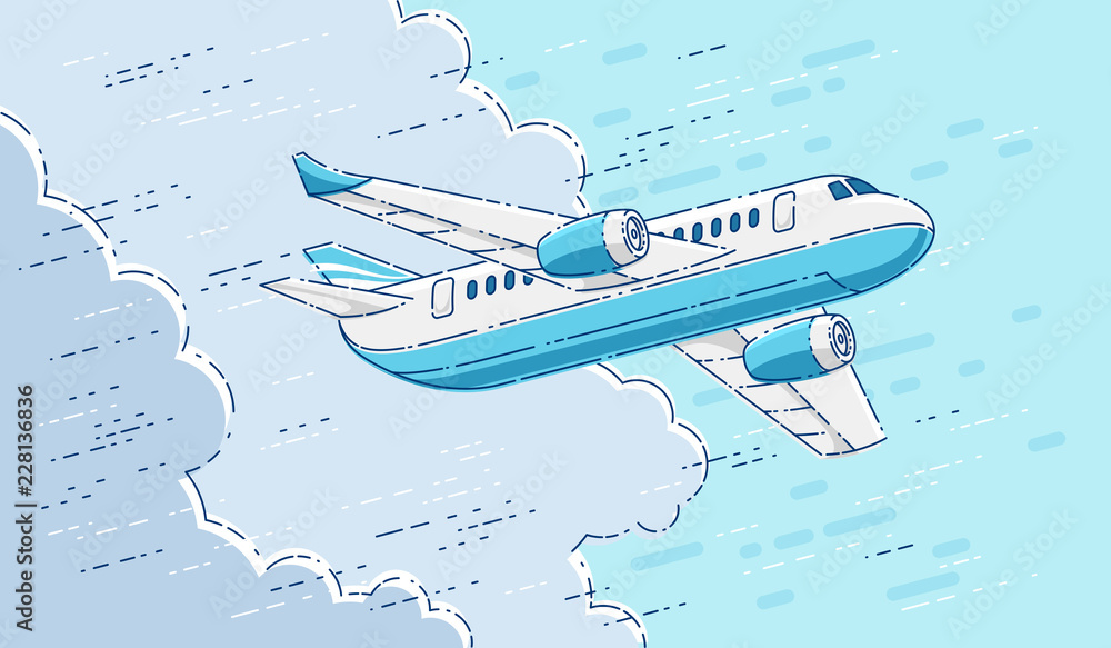 Fototapeta premium Plane passenger airliner flying in the sky surrounded by clouds, beautiful thin line 3d vector illustration.