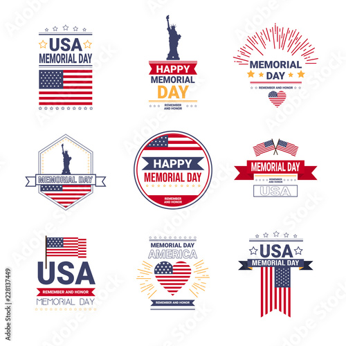 set memorial day USA greeting card wallpaper, The Statue of Liberty american national flag on white background, template, flat design, vector illustration