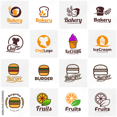 Set of Food emblem design. Food logo vector template. Fruits logo template