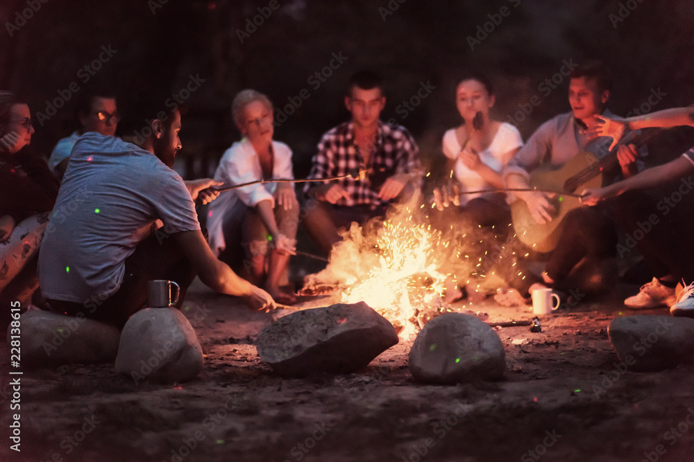 young friends relaxing around campfire - obrazy, fototapety, plakaty 