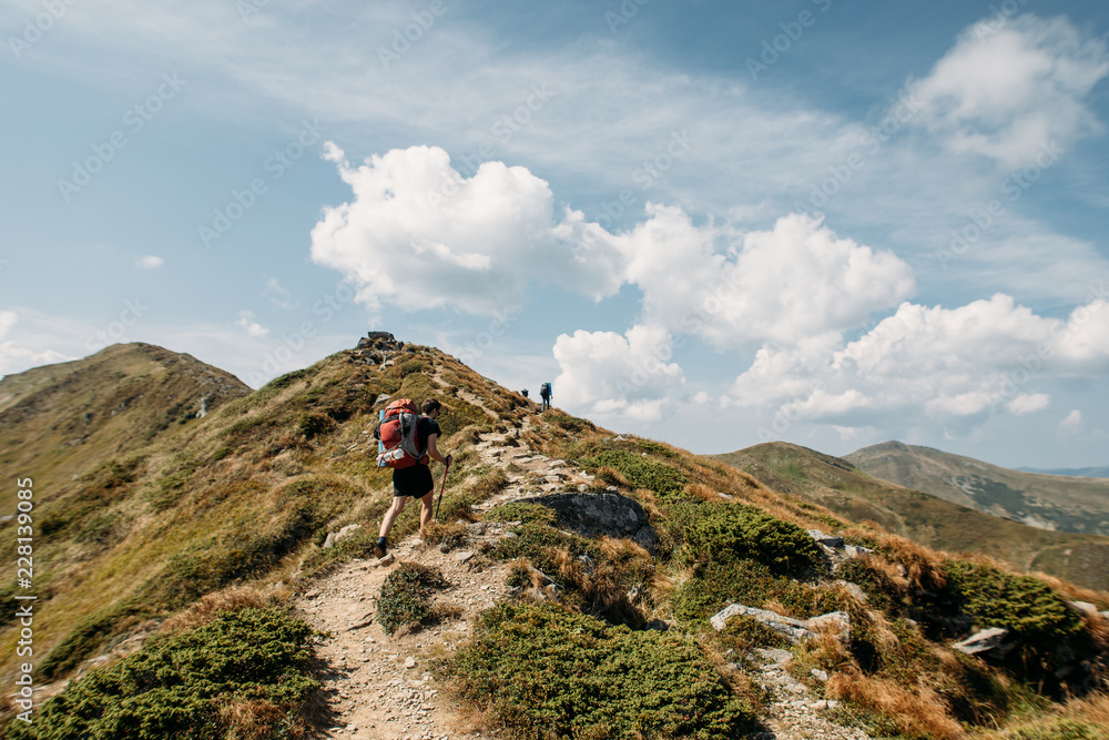 Obraz premium a group of people go to a hike in the mountains