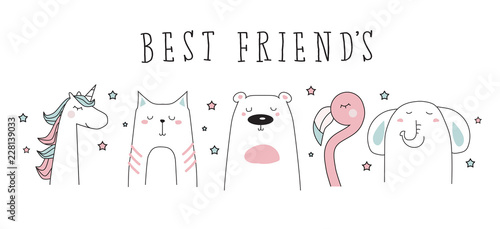 unicorn, cat, bear, flamingo, elephant doodle best friends vector illustration