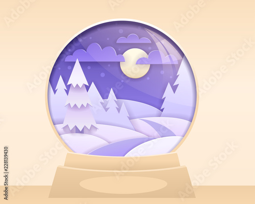 Vector snow globe cut out paper illustration Christmas greeting card with beautiful winter landscape naight sky with moon and clouds