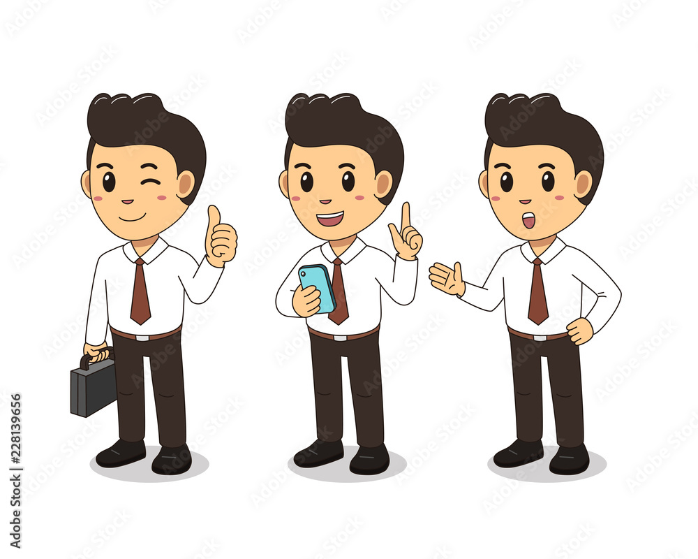 Cartoon cute businessman character pose set vector illustration for design.