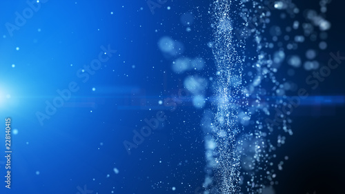 blue background, digital signature with wave particles, sparkle, veil and space with depth of field. The particles are white light lines.