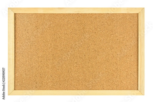 Blank cork board in wooden frame isolated on white background.