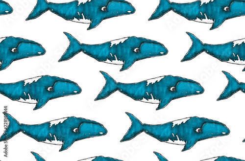 Seamless texture with beautiful hand drawn whale. Repeating pattern. Can be used as wallpaper  desktop  wrapping  fabric or background for your blog  covers  cards.