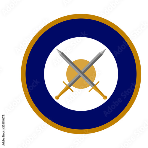 Blue and gold vintage style aircraft roundel with crossed swords.