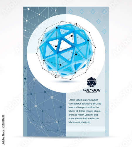 New technology theme booklet cover design, front page. 3D engineering vector, abstract blue polygonal shape.
