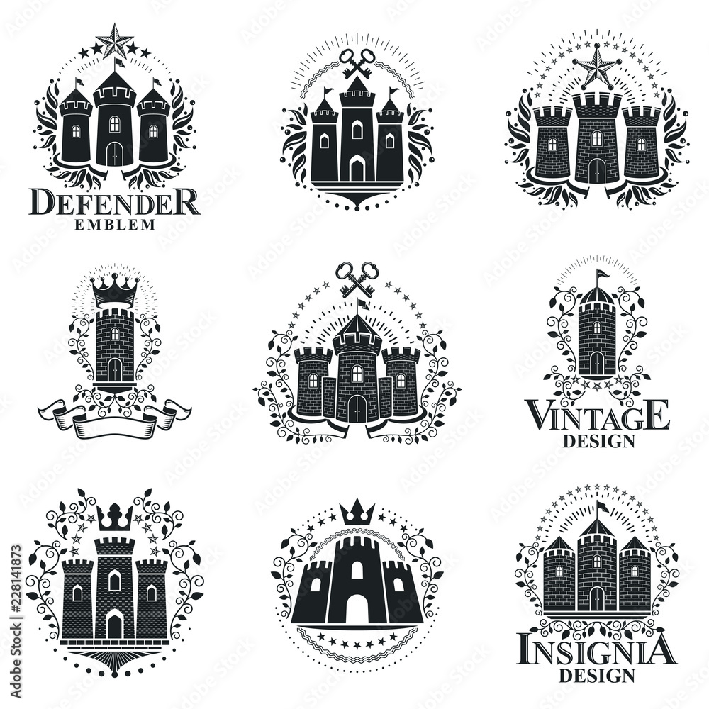 Ancient Castles emblems set. Heraldic Coat of Arms decorative logos ...