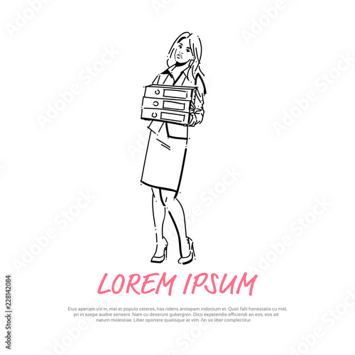 business woman holding stack of folders concept businesswoman full length on white background hand draw silhouette sketch vector illustration