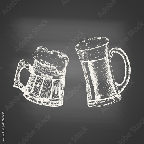 Glass and wooden mugs with beer and beer foam overflowing over the edge on chalkboard. Hand drawn sketch in vintage engraving style. Light Alcohol Drink. Vector illustration for Oktoberfest.