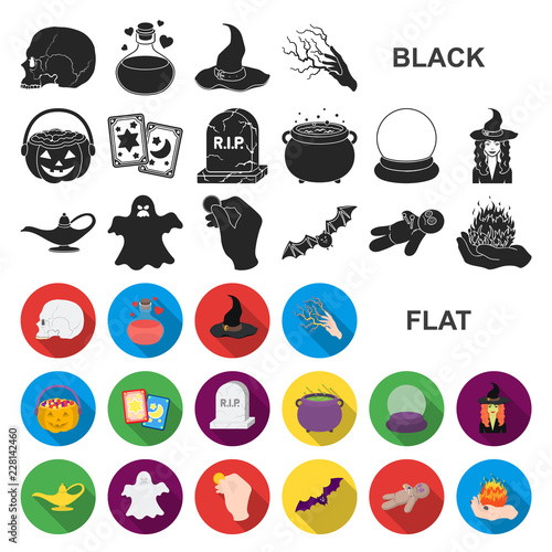 flat and white magic flat icons in set collection for design. Attributes and sorceress accessories vector symbol stock web illustration.