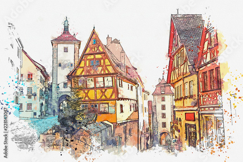 A watercolor sketch or illustration of a beautiful street in Rothenburg ob der Tauber in Germany with beautiful houses in German style during the Christmas holidays.