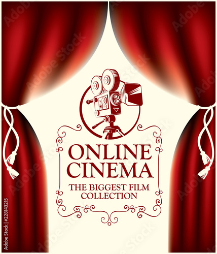 Vector online cinema poster with red curtains and movie projector in retro style. Online cinema concept. Can be used for flyer, banner, poster, web page, background